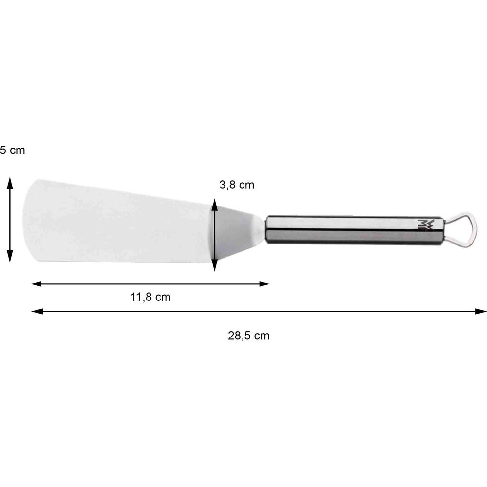 Biała łopatka z metalowym uchwytem, z podanymi wymiarami.