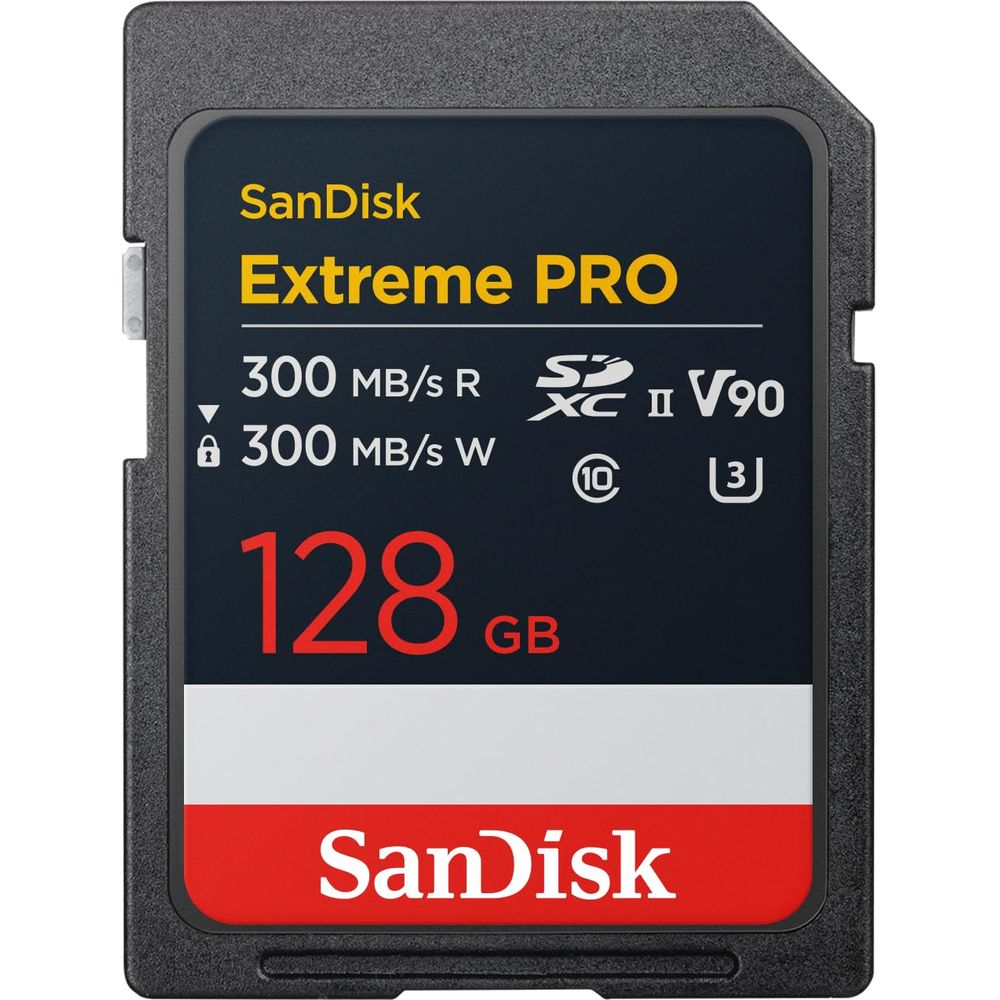 SanDisk Extreme PRO 128GB geheugenkaart met 300 MB/s lees-/schrijfsnelheid.