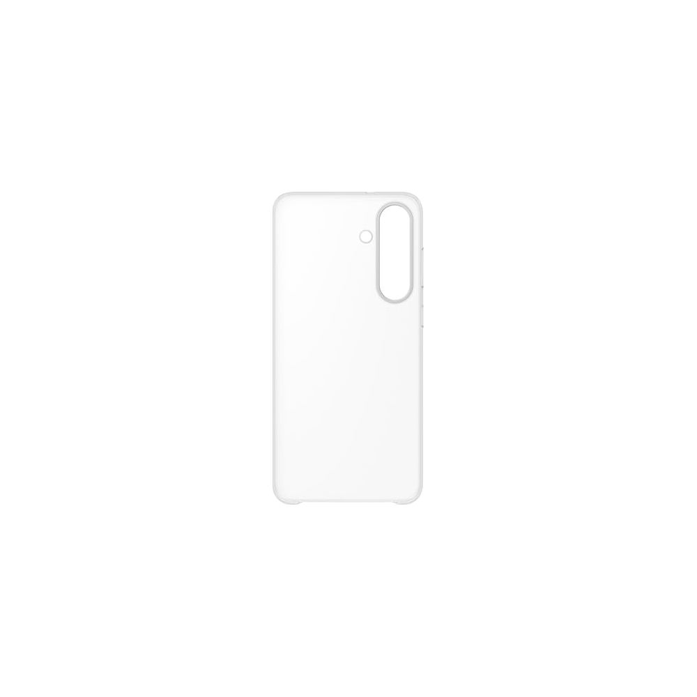 Custodia trasparente per telefono su sfondo bianco con ritaglio fotocamera.
