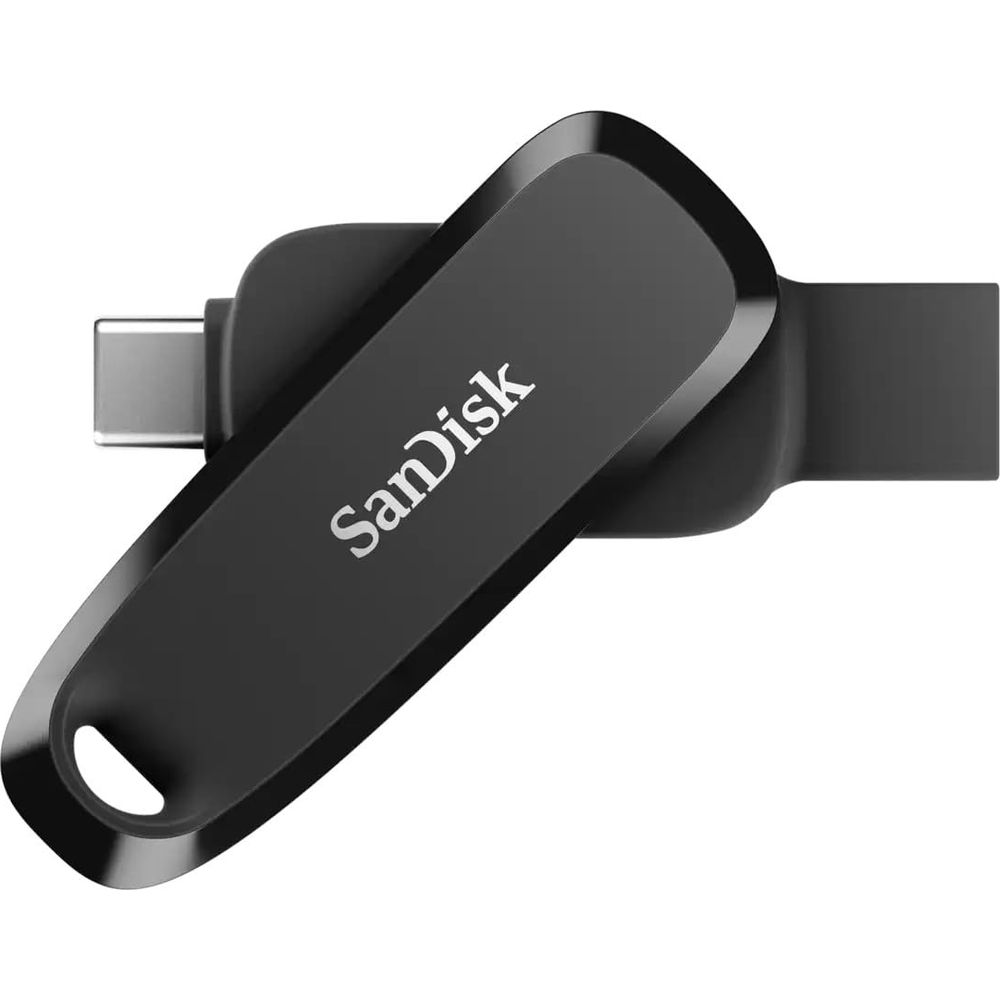 Czarny pendrive z podwójnym złączem (USB-C i USB-A) i logo Sandisk.