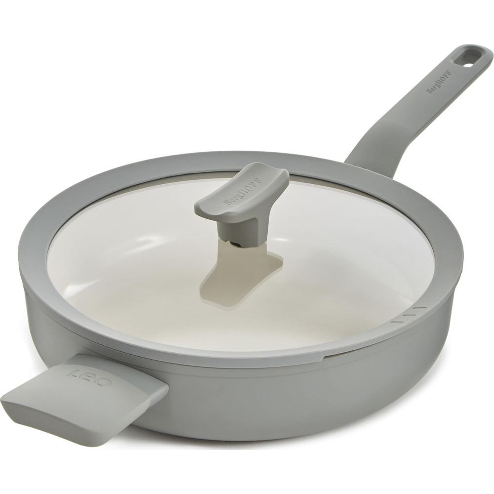 Gray frying pan with glass lid and handles. BergHOFF logo visible.