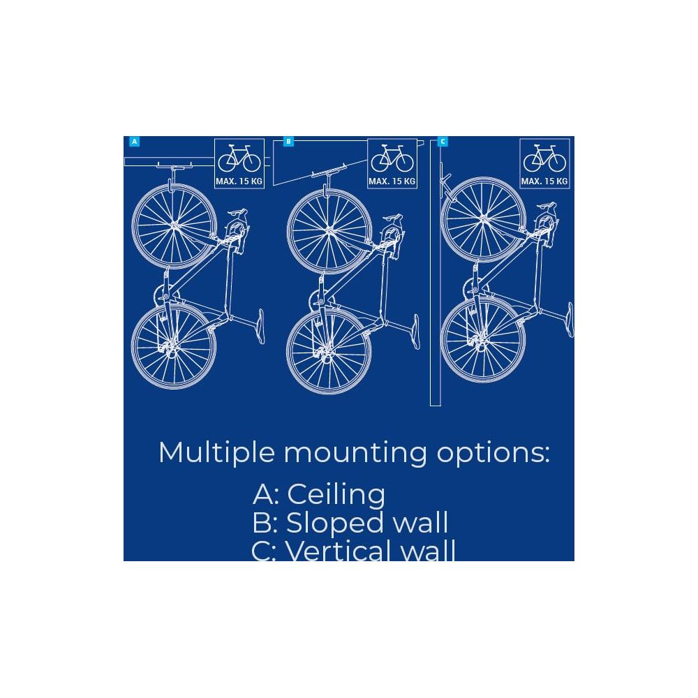Diagram przedstawia trzy wieszaki na rowery z opcjami montażu na suficie, pochyłej i pionowej ścianie.