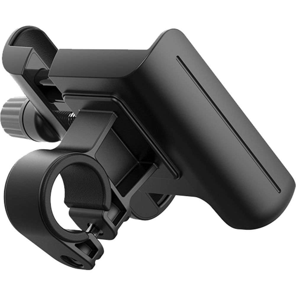 Schwarzer Fahrradhalter für Smartphones mit verstellbarem Klemmmechanismus.