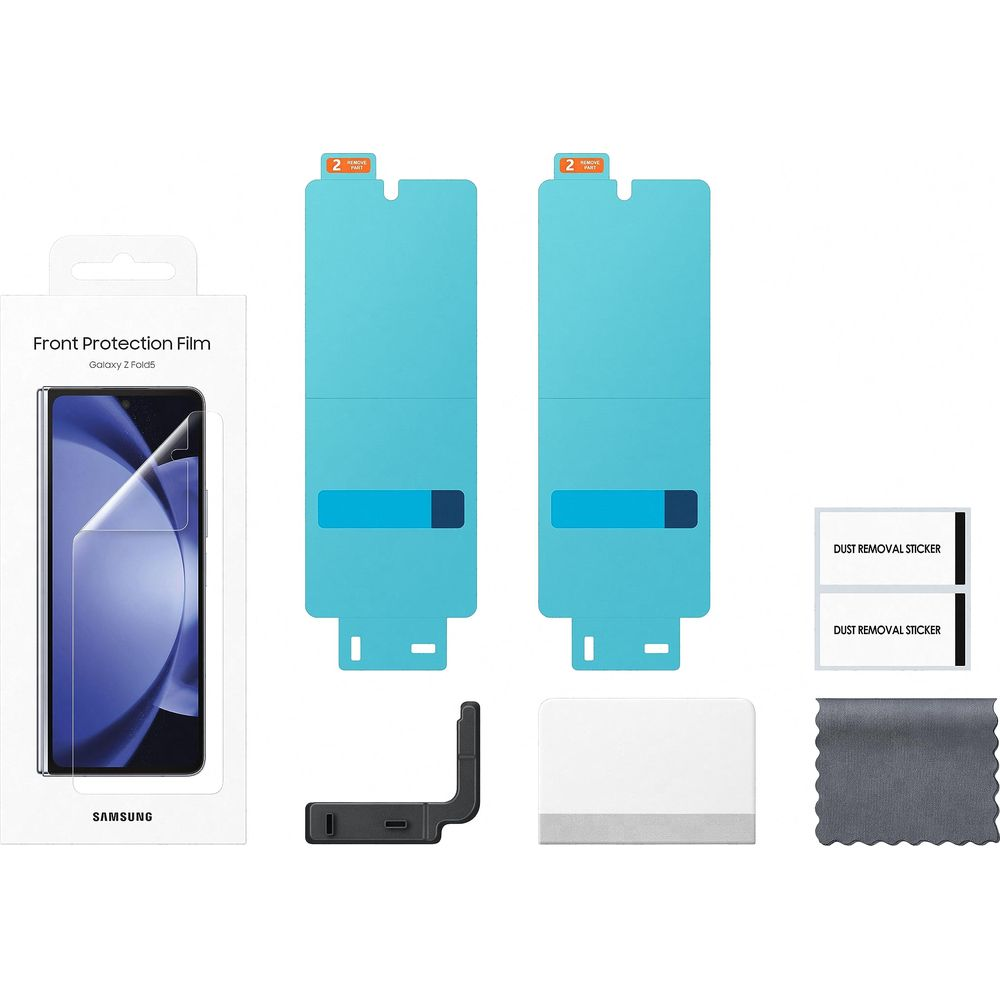 Samsung Galaxy Z Fold5 Displayschutzfolien-Kit mit Folien, Staubaufklebern, Rakel und Tuch.