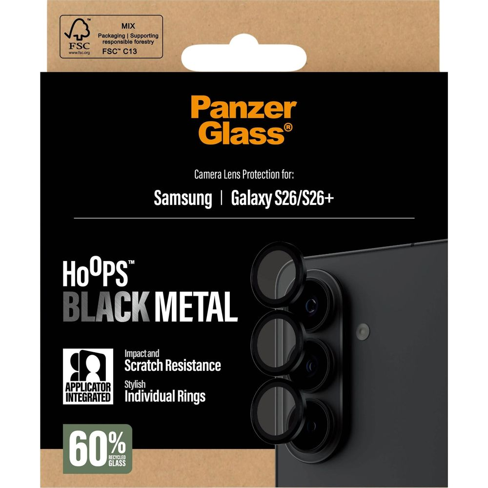 Panzer Glass for Samsung S26/S26+ camera lens: black metal rings, 60% recycled glass.