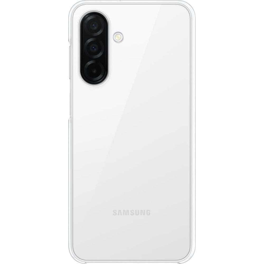Rückseite eines weißen Samsung-Smartphones mit drei Kameralinsen in einer vertikalen Anordnung.