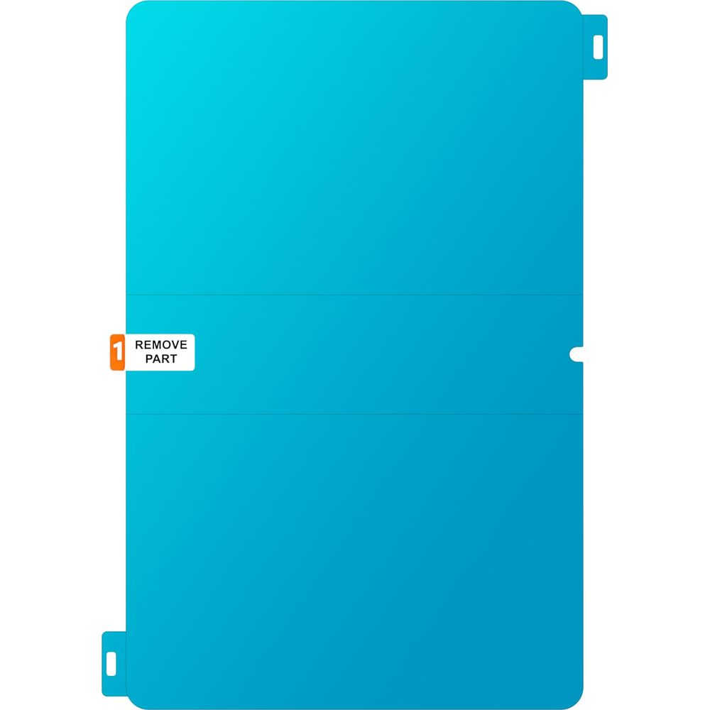 Niebieska folia ochronna z oznaczeniem "REMOVE PART" na białym tle.