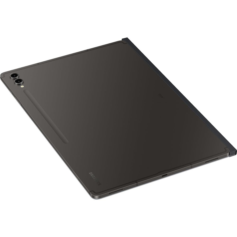 Tablette Samsung gris foncé avec deux caméras et un emplacement pour stylet au dos.