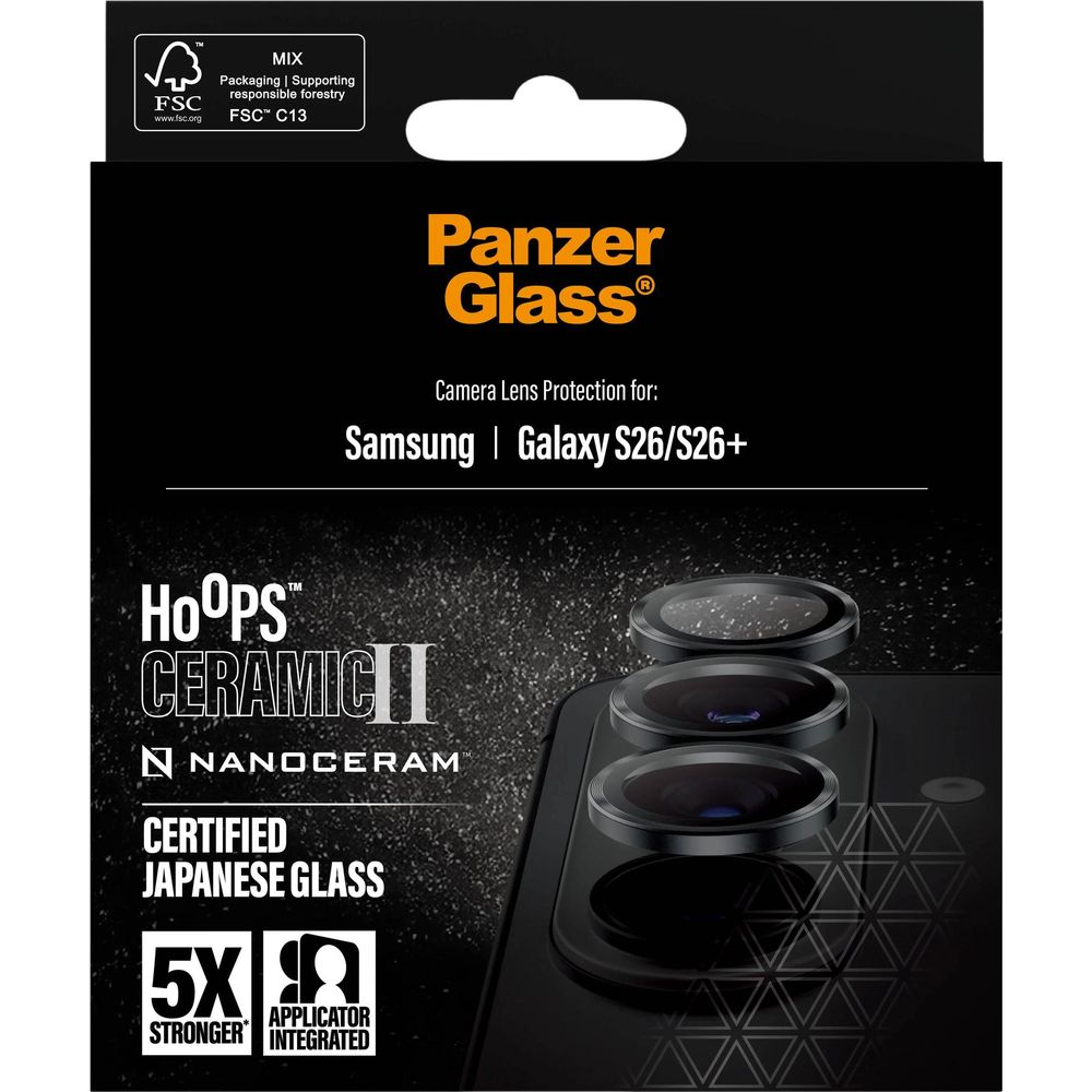 Confezione protettore lente fotocamera Panzer Glass per Samsung S26/S26+. Con Hoops Ceramic II.