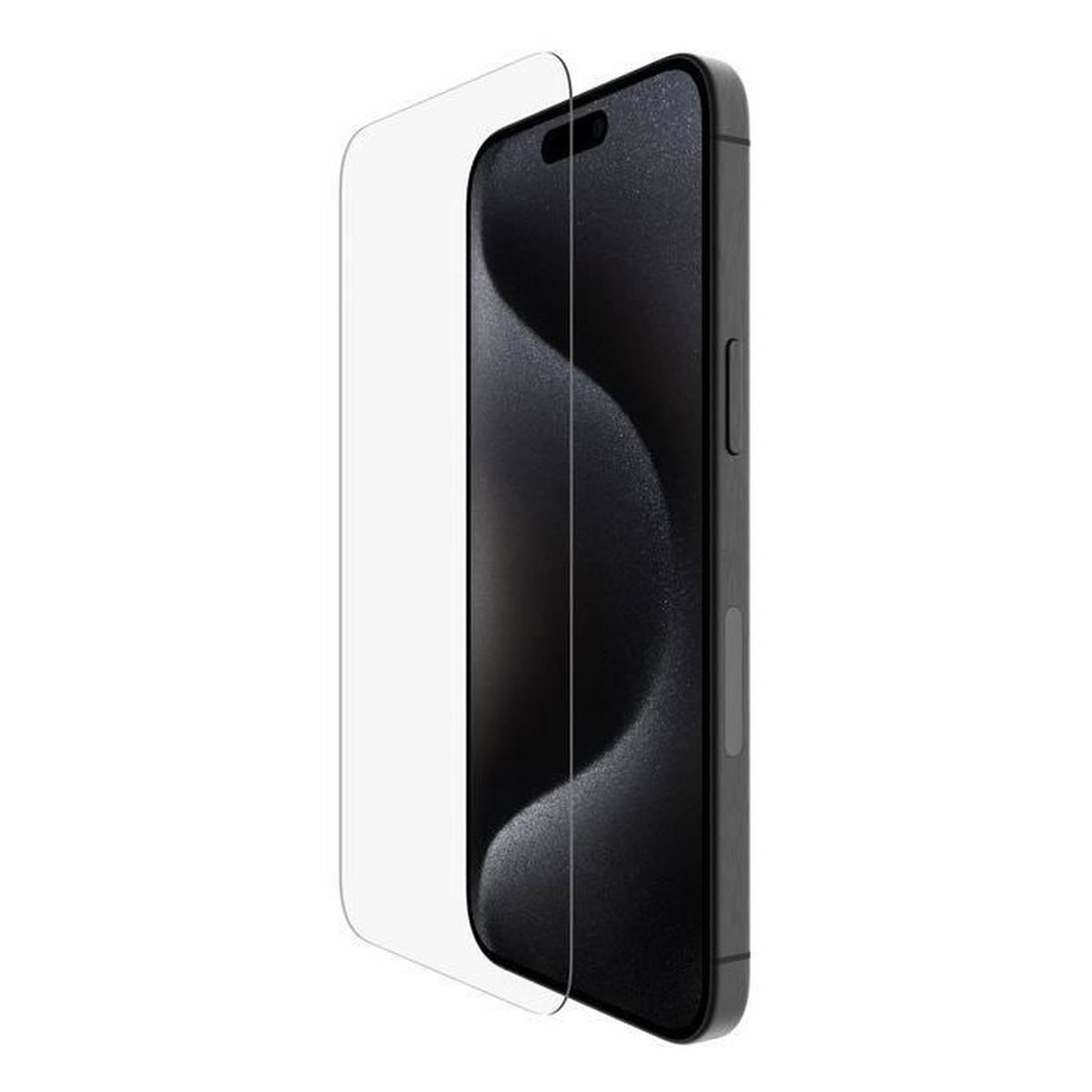 Una protezione schermo trasparente si trova accanto a uno smartphone scuro.