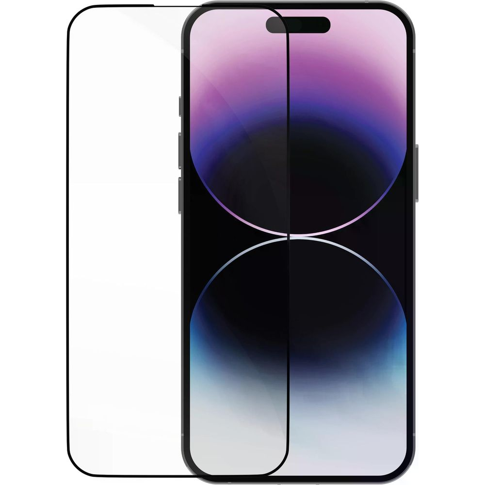 Ein transparenter Displayschutz liegt neben einem iPhone mit lila und blauen Hintergrundbild.