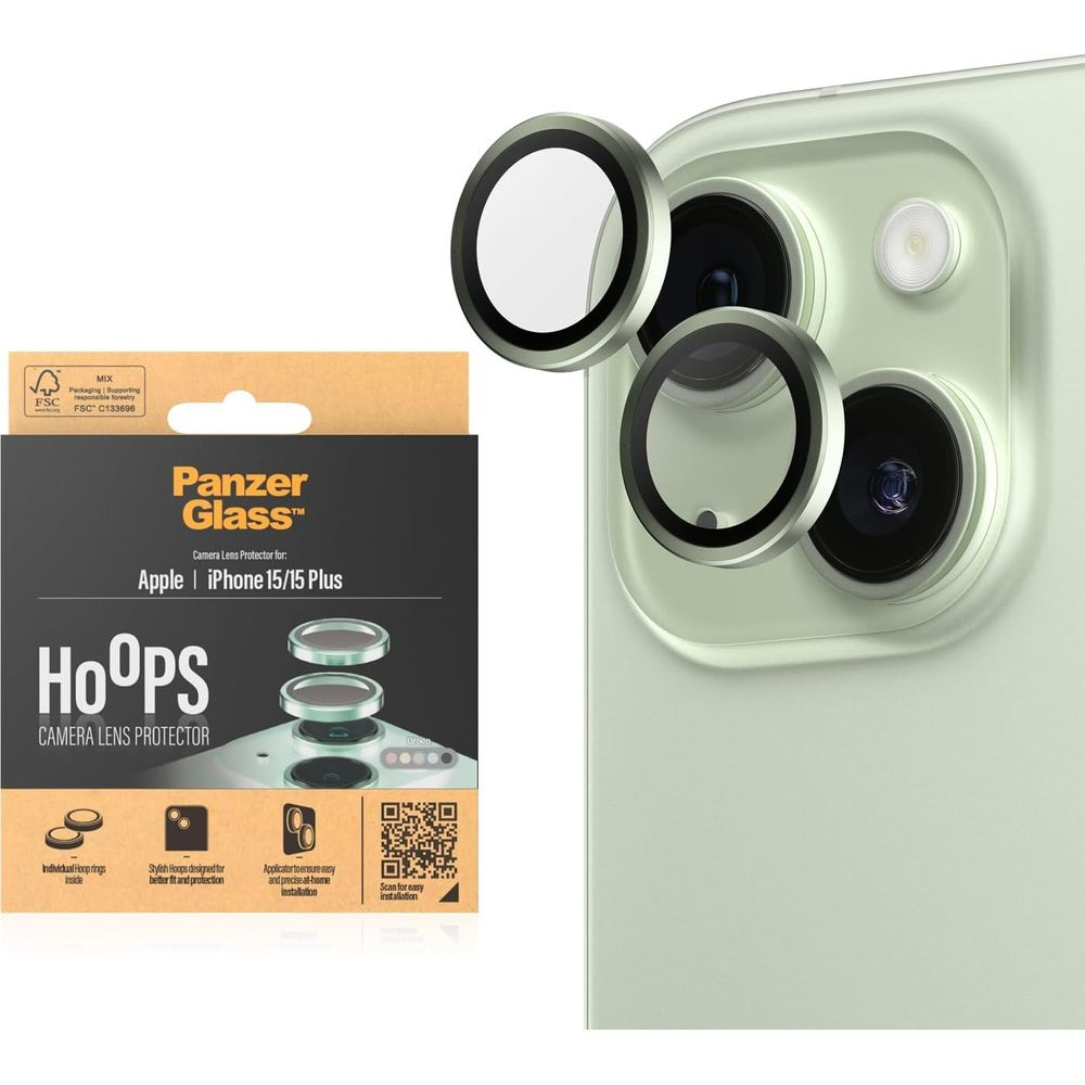 Panzer Glass Hoops cameralens protector voor iPhone 15/15 Plus op lichte achtergrond.