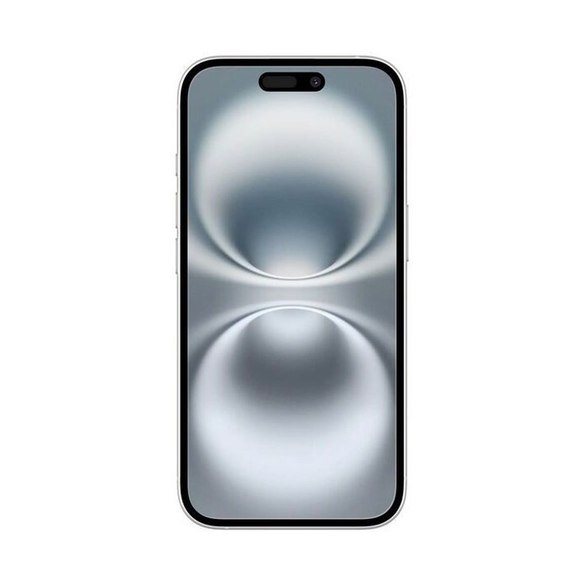 Uno smartphone argentato con un notch scuro e uno sfondo astratto.