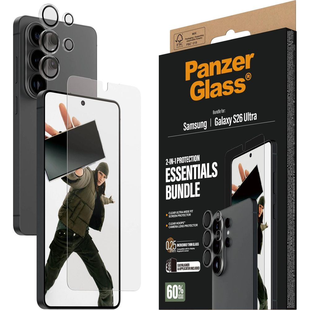 Panzer Glass Essentials Bundle per Samsung Galaxy S26 Ultra. Include protezioni per schermo e fotocamera.