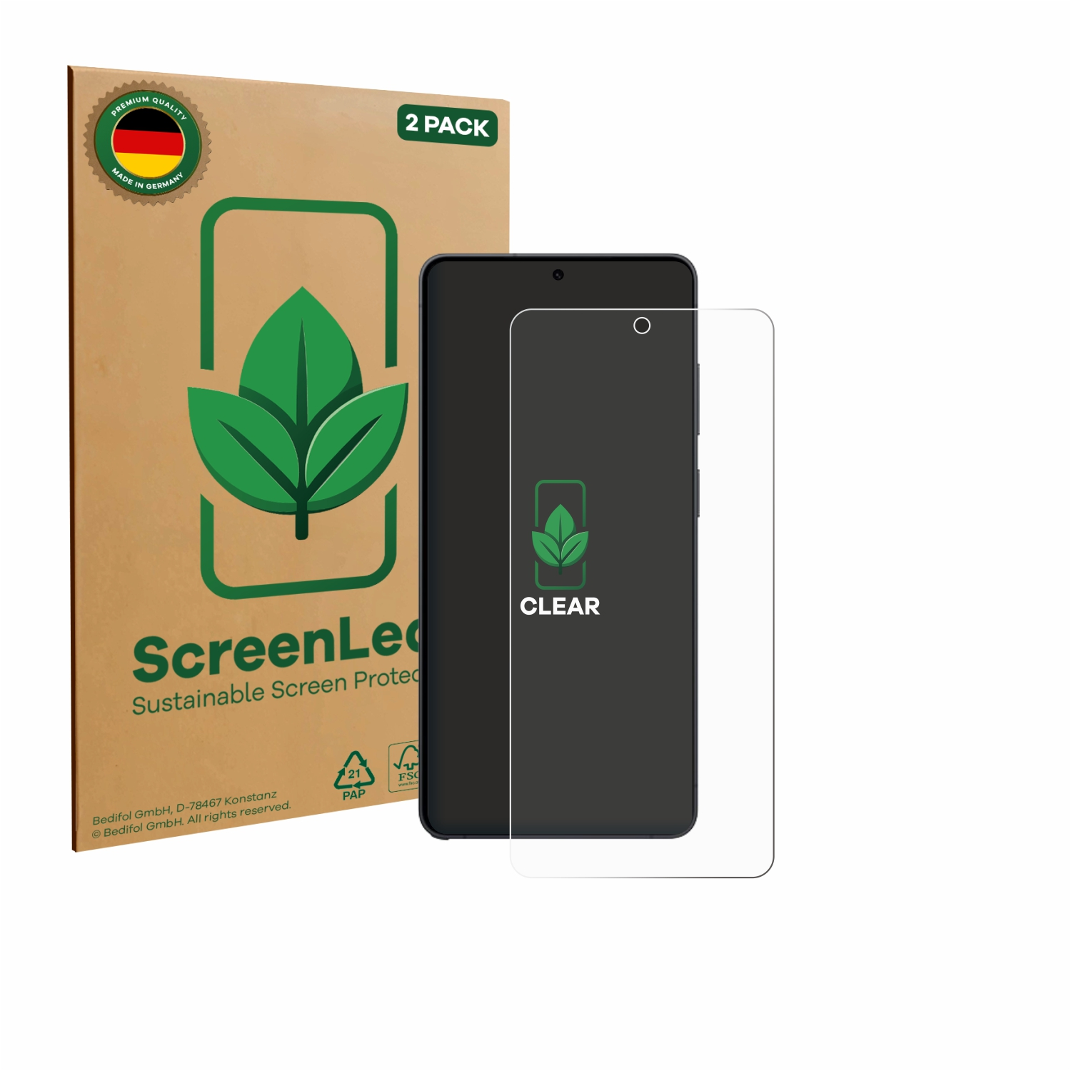 Zwei Displayschutzfolien-Verpackungen mit Handy und Folie. Made in Germany.