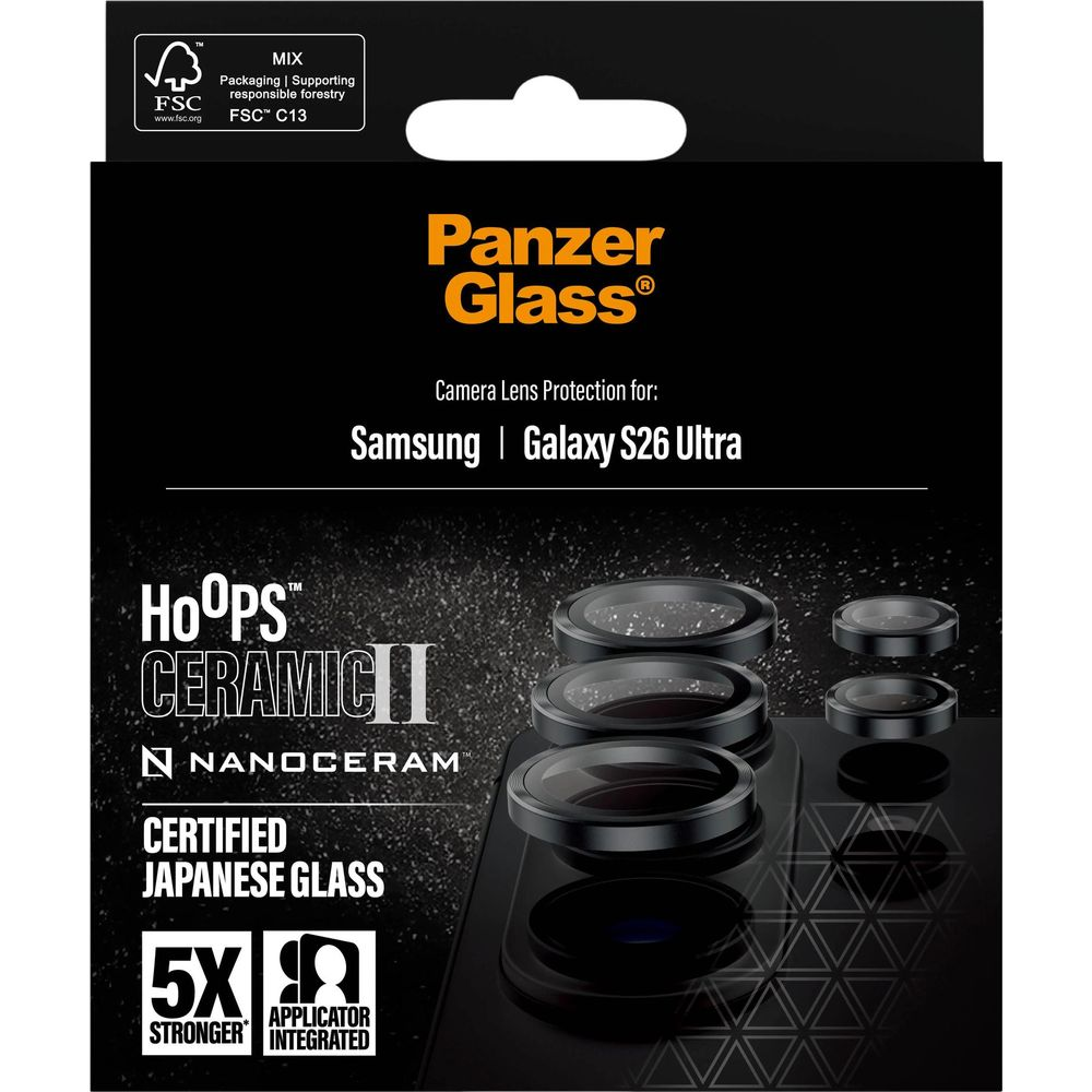 Confezione protezione lenti fotocamera Panzer Glass per Samsung Galaxy S26 Ultra.