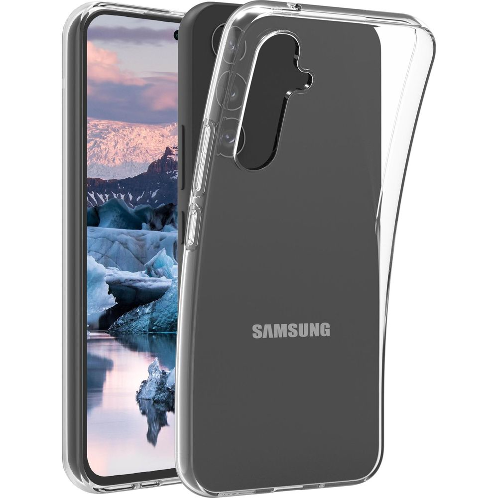 Una cover trasparente circonda uno smartphone con sfondo iceberg.