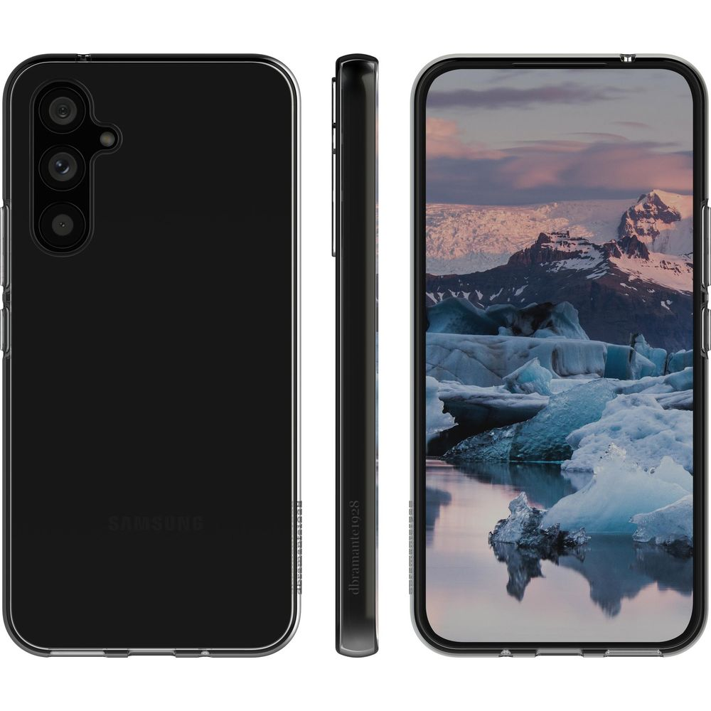Un telefono Samsung nero mostra iceberg e montagne sullo schermo.