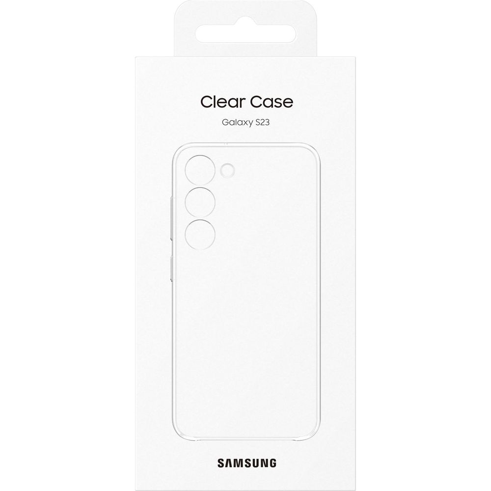 Verpackung für eine transparente Hülle für das Samsung Galaxy S23 mit Kameradurchbruch.