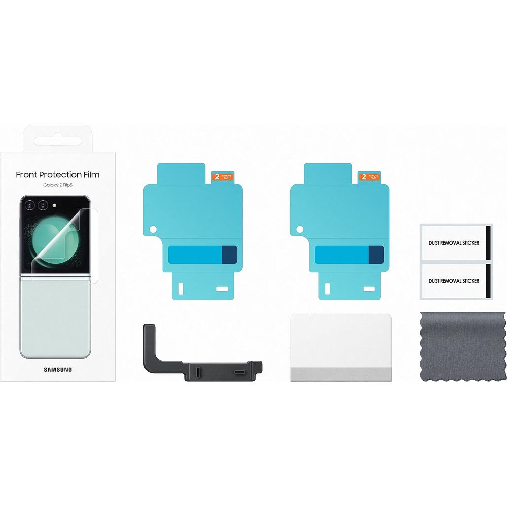 Samsung Galaxy Z Flip5 front protection film kit with tools.