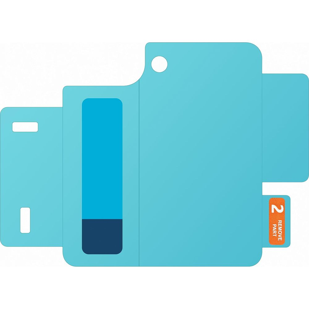 Light blue screen protector with a rectangular cutout and a tab labeled '2 REMOVE PART'.
