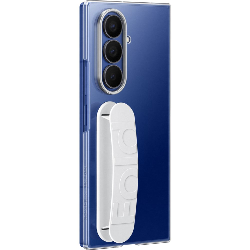 Un smartphone azul con tres cámaras y un agarre/soporte blanco.
