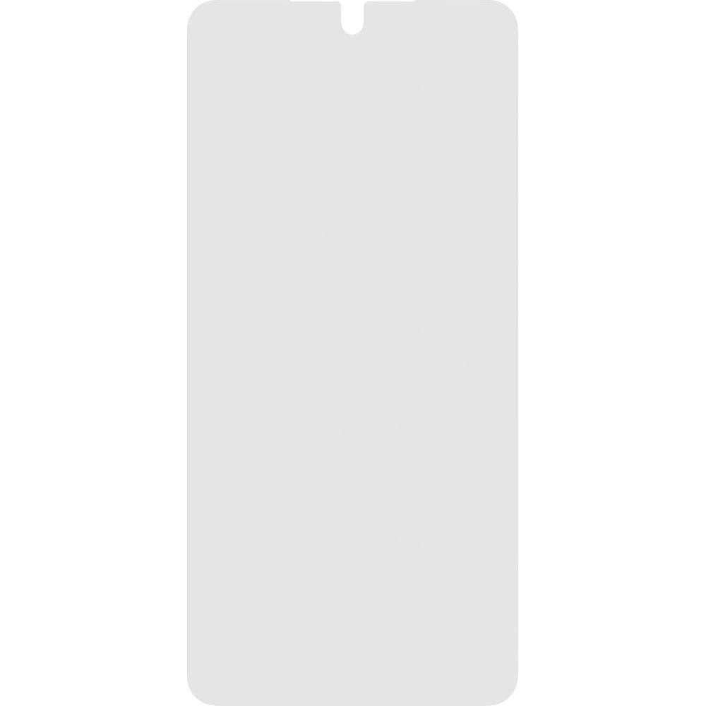 Un protecteur d'écran de smartphone transparent avec une découpe en haut.