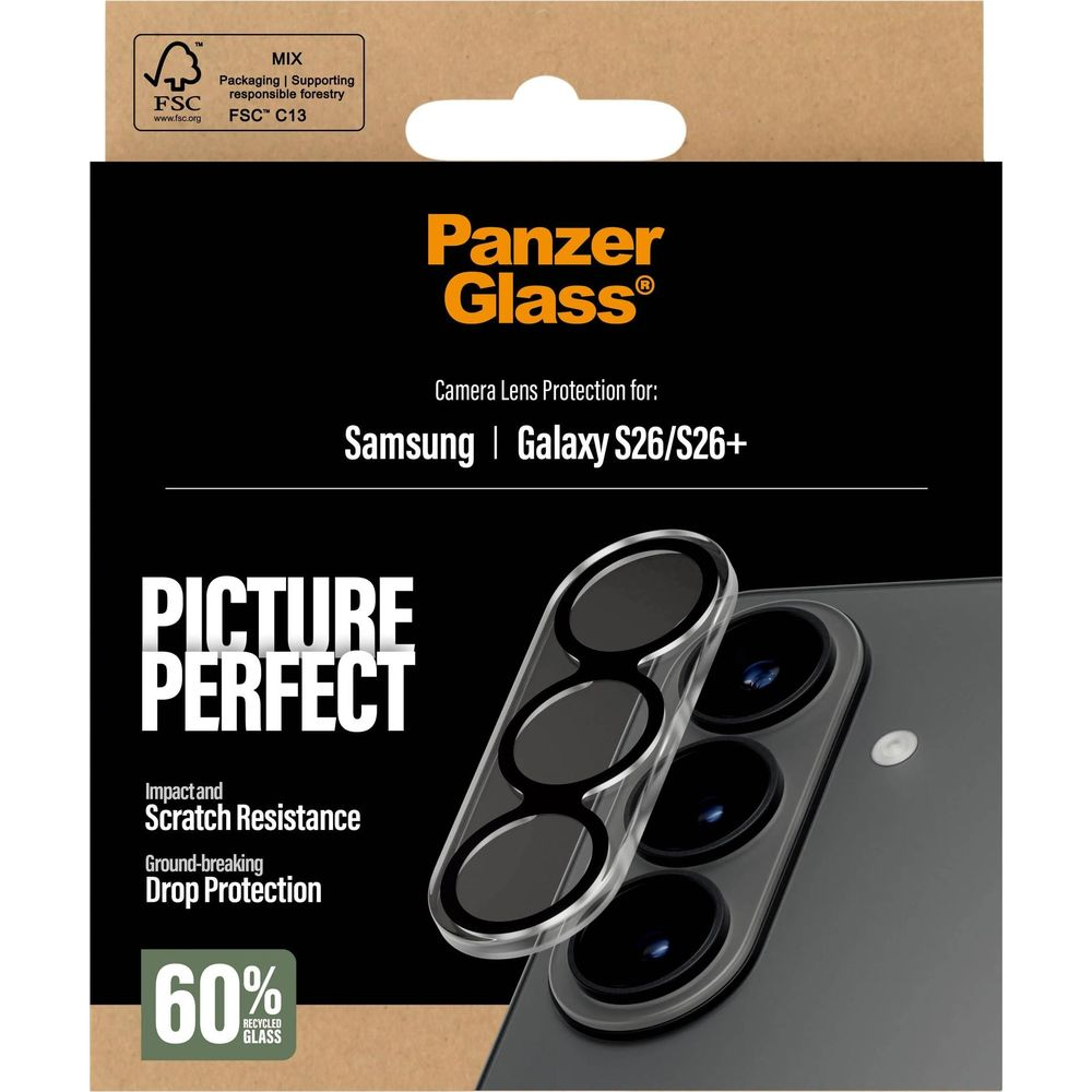 Panzer Glass lensbeschermer voor Samsung Galaxy S26/S26+ op een telefoon.