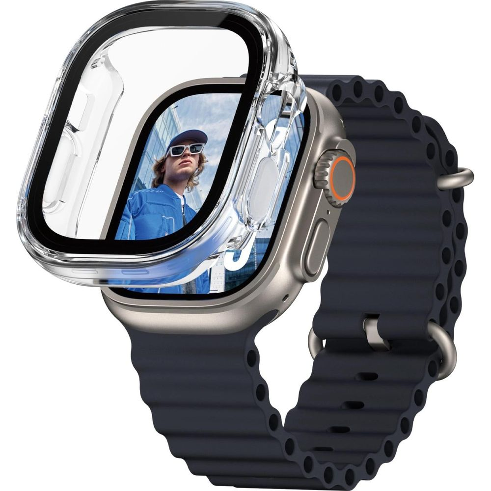 Gray smartwatch with clear protective case and dark band. Screen shows person.