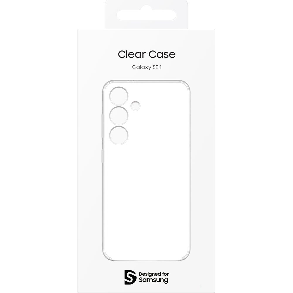 Opakowanie przezroczystego etui do Galaxy S24, pokazujące zarys aparatu.