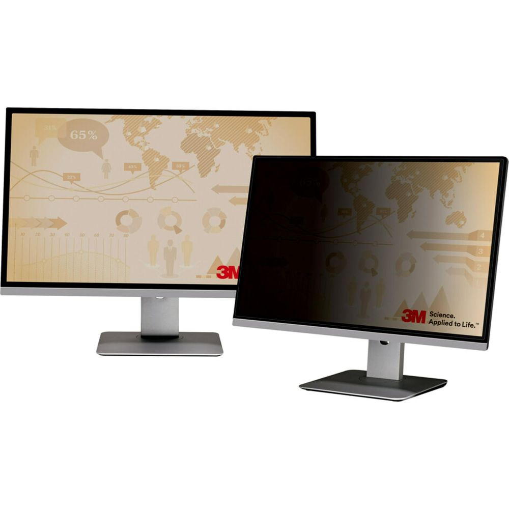 Zwei Computermonitore. Einer zeigt eine Datentabelle mit 65 %. Der andere ist dunkel, Sichtschutz.