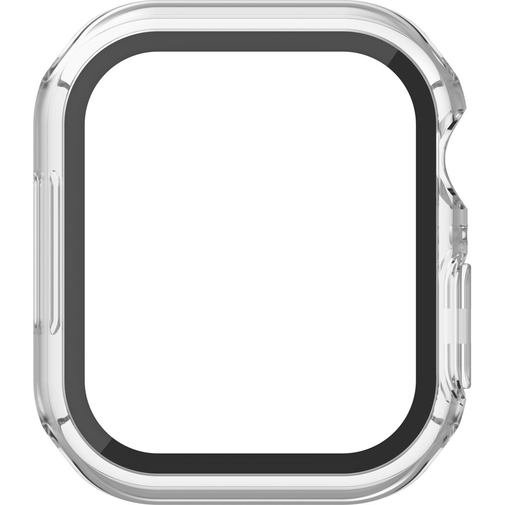 Custodia trasparente per orologio con bordo interno nero. Isolato su bianco.