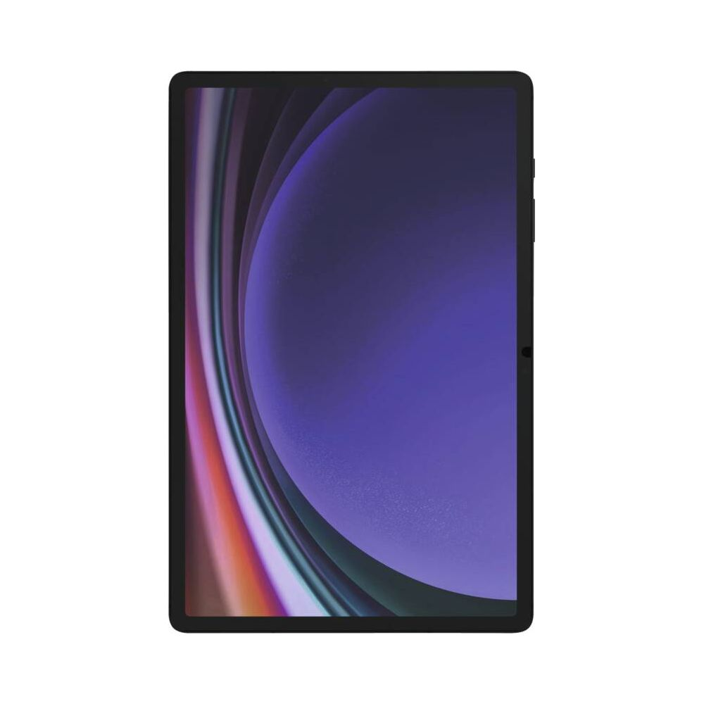 Un tablet che mostra uno sfondo viola con linee curve sul lato.