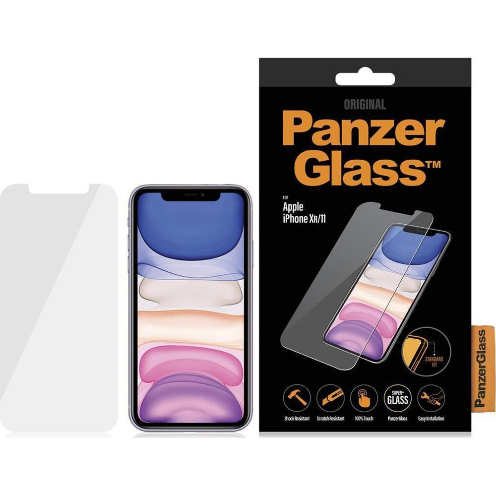 PanzerGlass screenprotector voor iPhone XR/11, met accessoires.