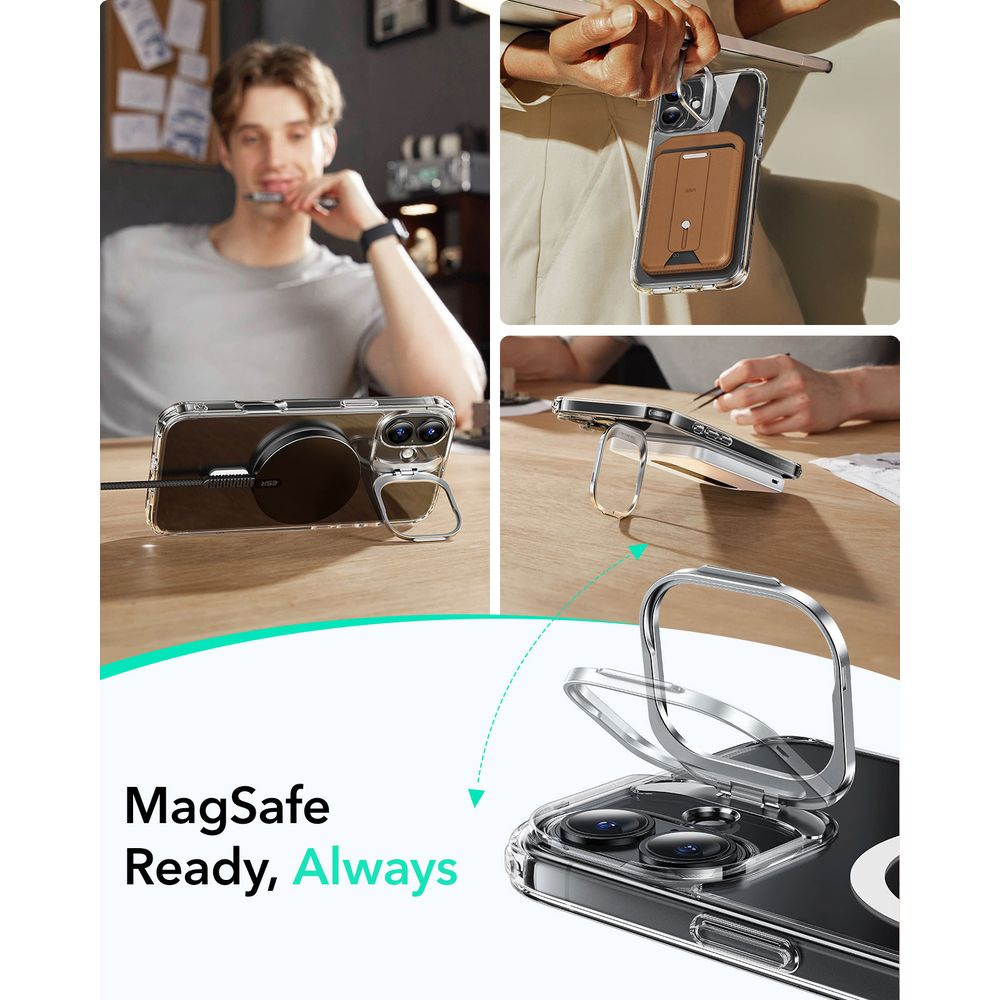 Coque de téléphone transparente avec chargeur MagSafe, portefeuille et support bague argenté.