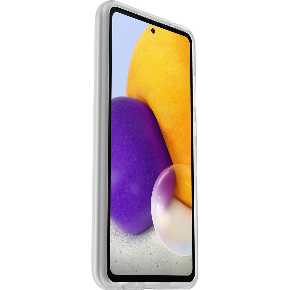 Ein weißes Smartphone mit einem lila und gelben Hintergrund auf dem Bildschirm.