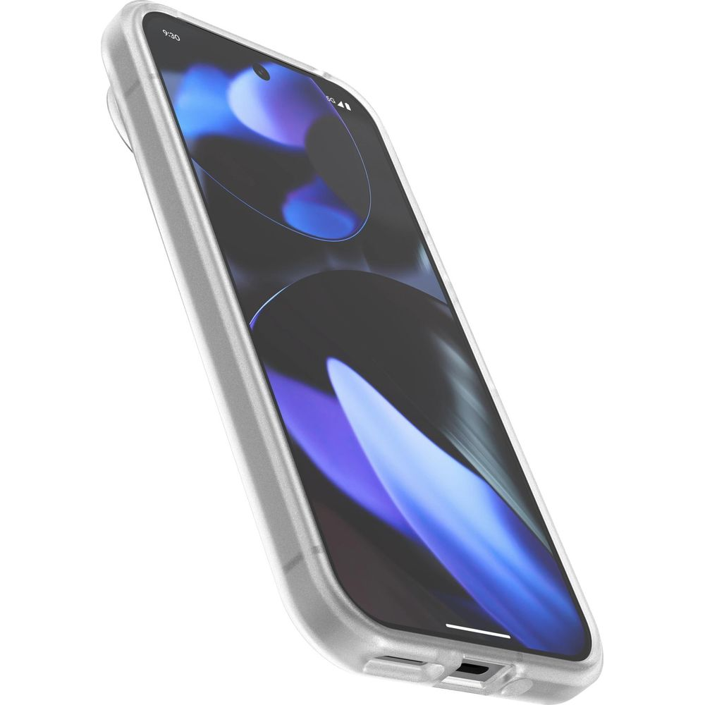 Uno smartphone argentato con uno sfondo blu astratto visualizzato sullo schermo.