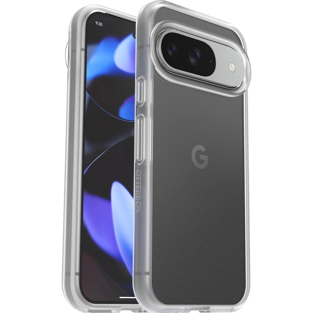 Una custodia trasparente su un telefono Google Pixel grigio.