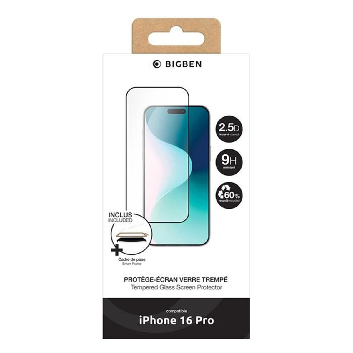 Protezione schermo BIGBEN per iPhone 16 Pro. Con 2.5D, durezza 9H e 60% materiale riciclato.