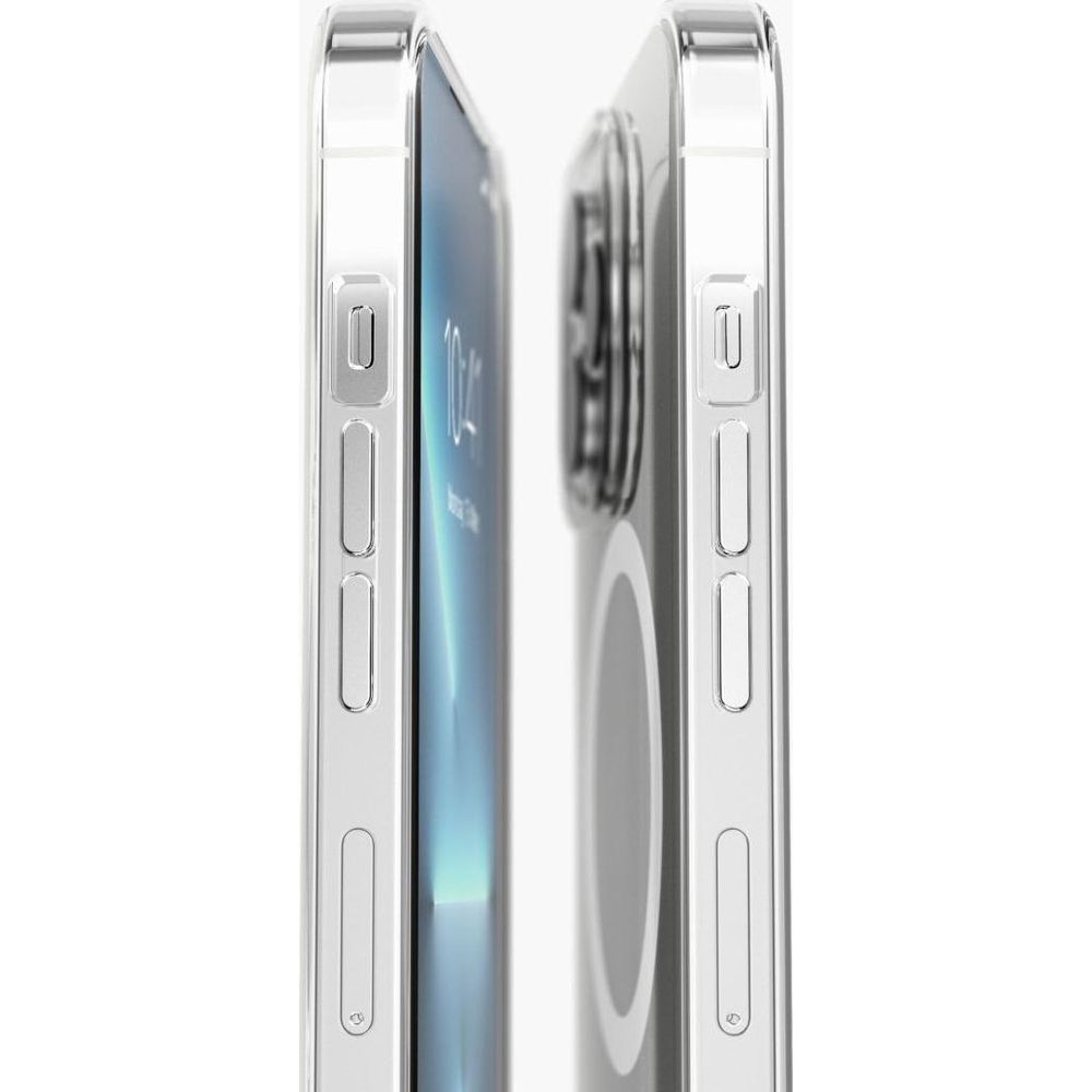 Zwei iPhones mit klaren Hüllen nebeneinander, weiße Seitenansicht.