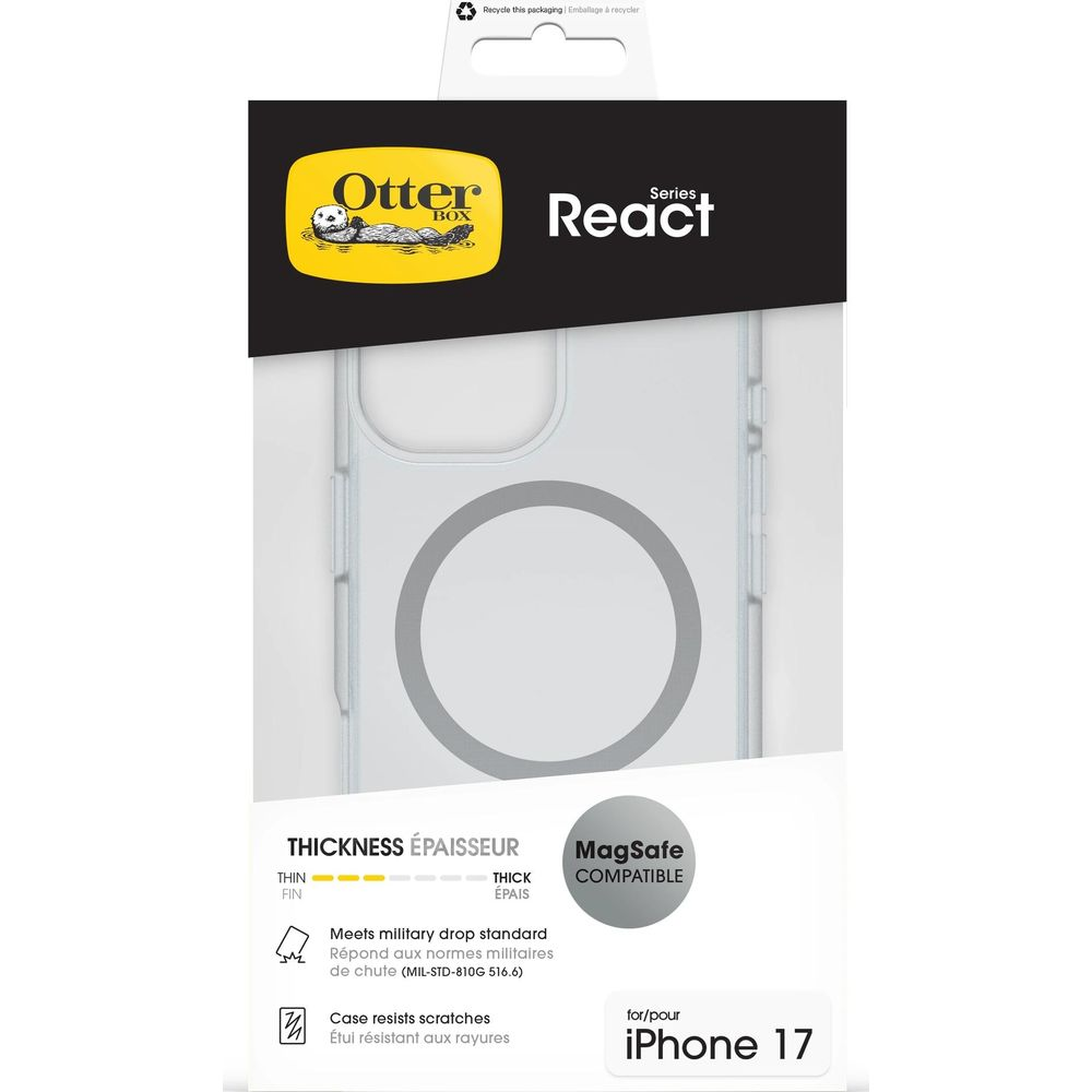 OtterBox React hoesje voor iPhone 17, MagSafe compatibel, militaire valbescherming.