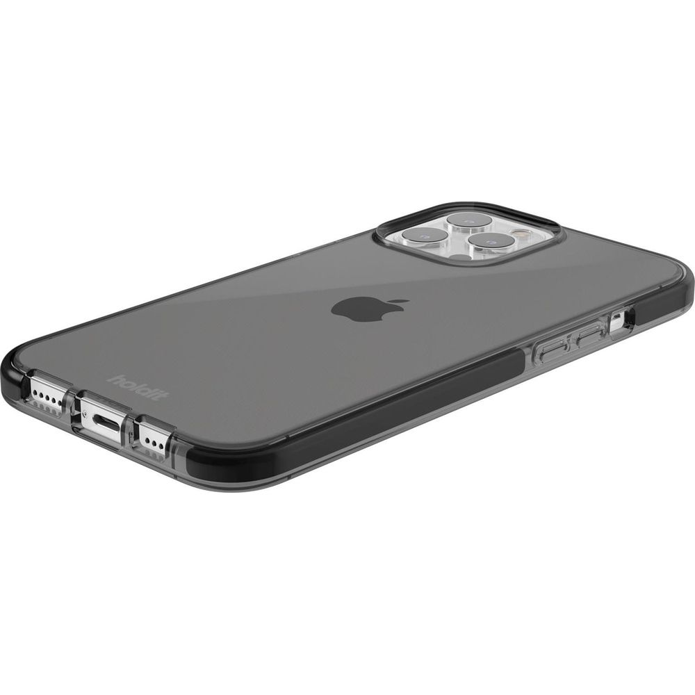 Transparente Handyhülle mit Apple-Logo und Kamerausschnitt, Schwarz.