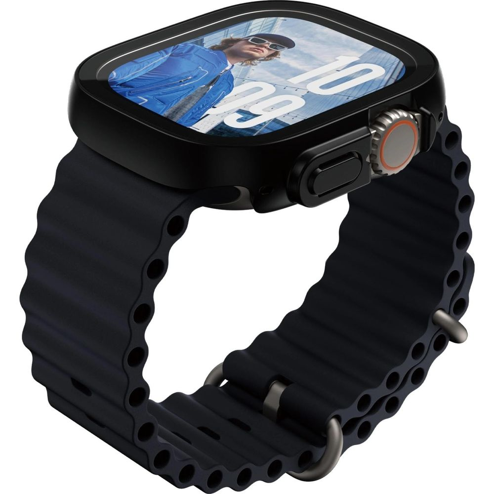 A black smartwatch with a blue bomber jacket image on its screen.