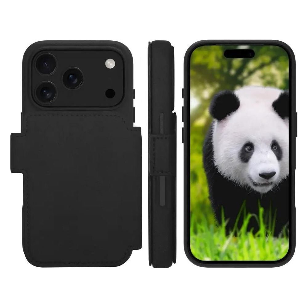 Custodia nera per telefono con sporgenza fotocamera e smartphone con panda.