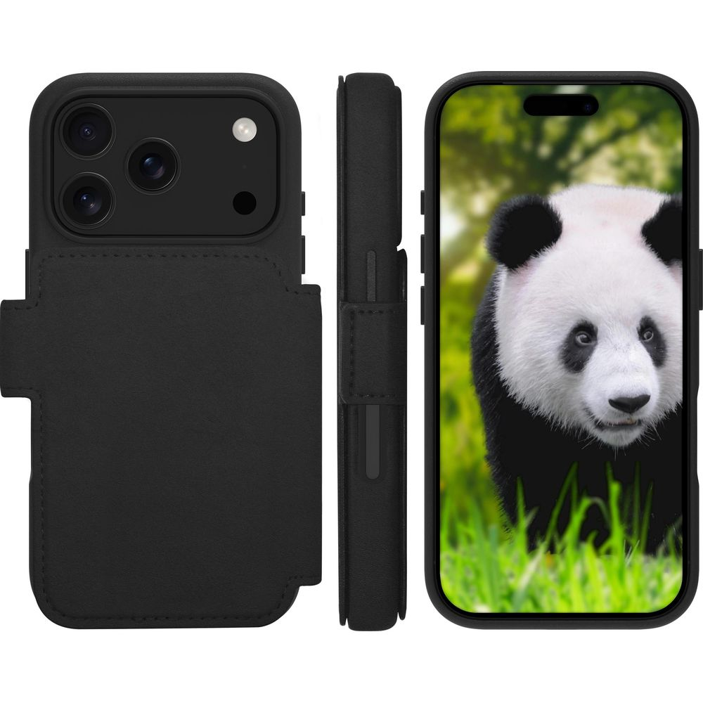 Custodia nera per telefono mostrata da tre angolazioni con sfondo panda.