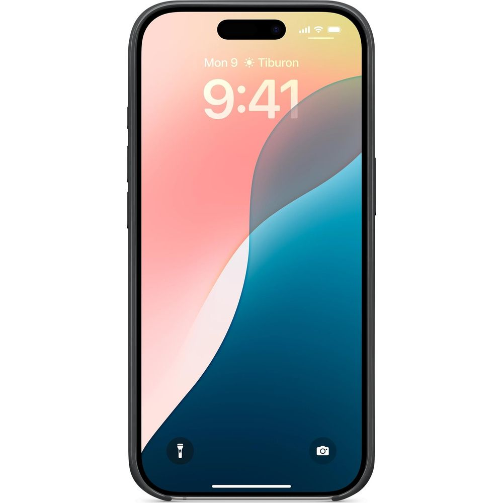 iPhone na ekranie blokady pokazuje godzinę 9:41 i abstrakcyjną tapetę.