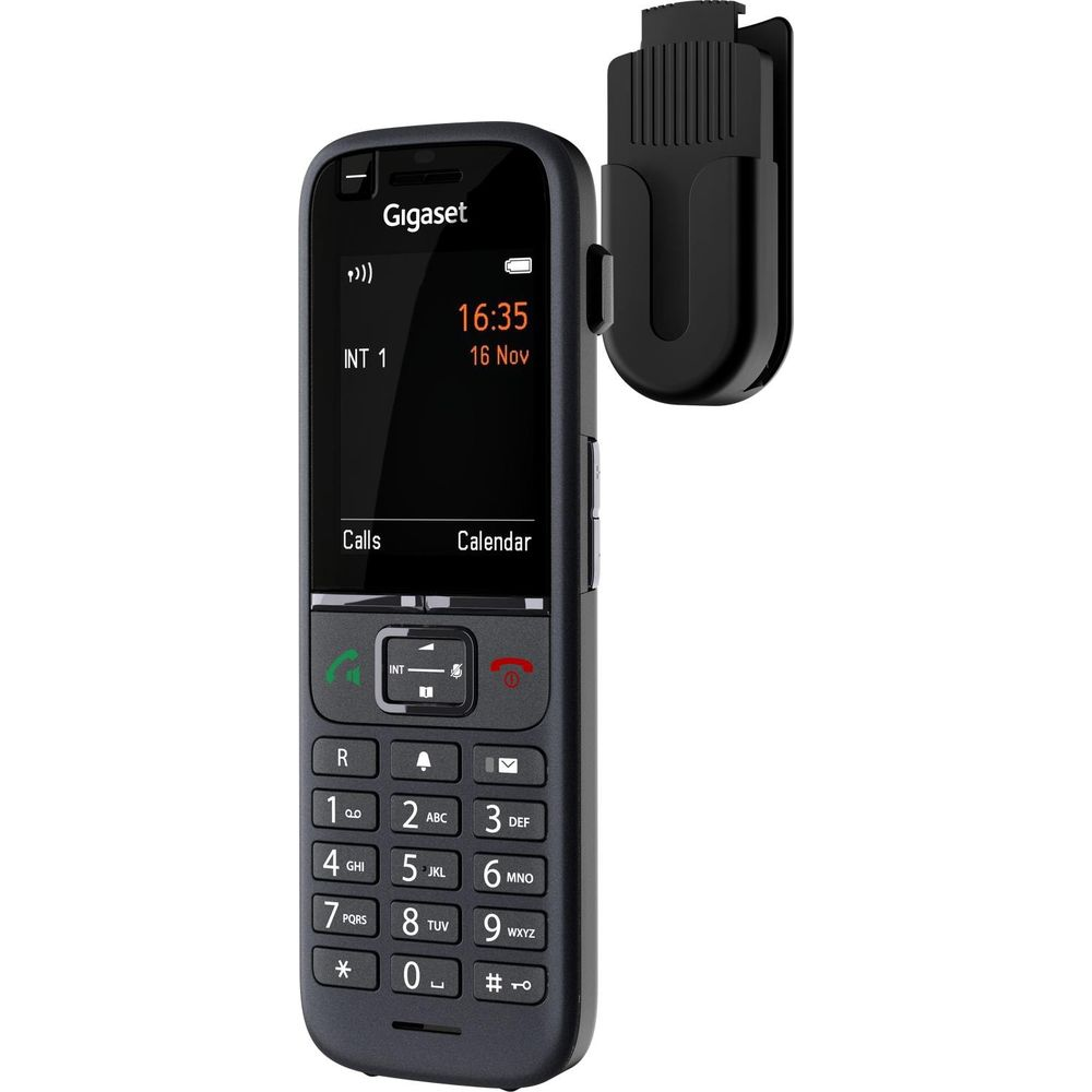 Un telefono Gigaset nero con la sua base di ricarica, dotato di tastiera.