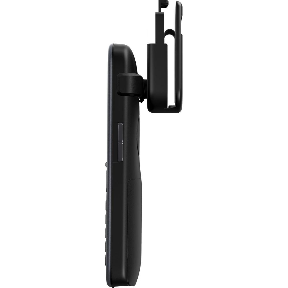 Dispositivo nero con clip da cintura, mostrato di profilo.