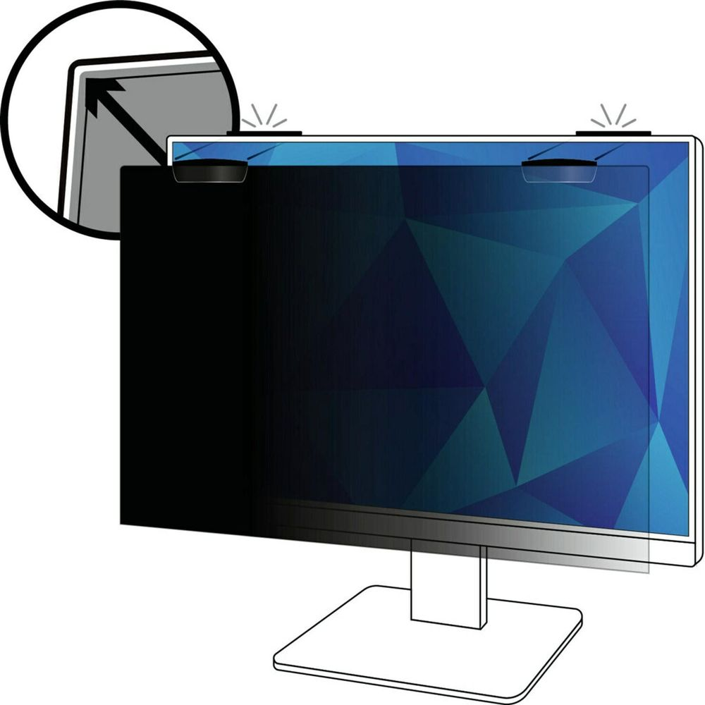 Monitor mit Sichtschutzfilter und Montageclips. Nahaufnahme zeigt Befestigung.