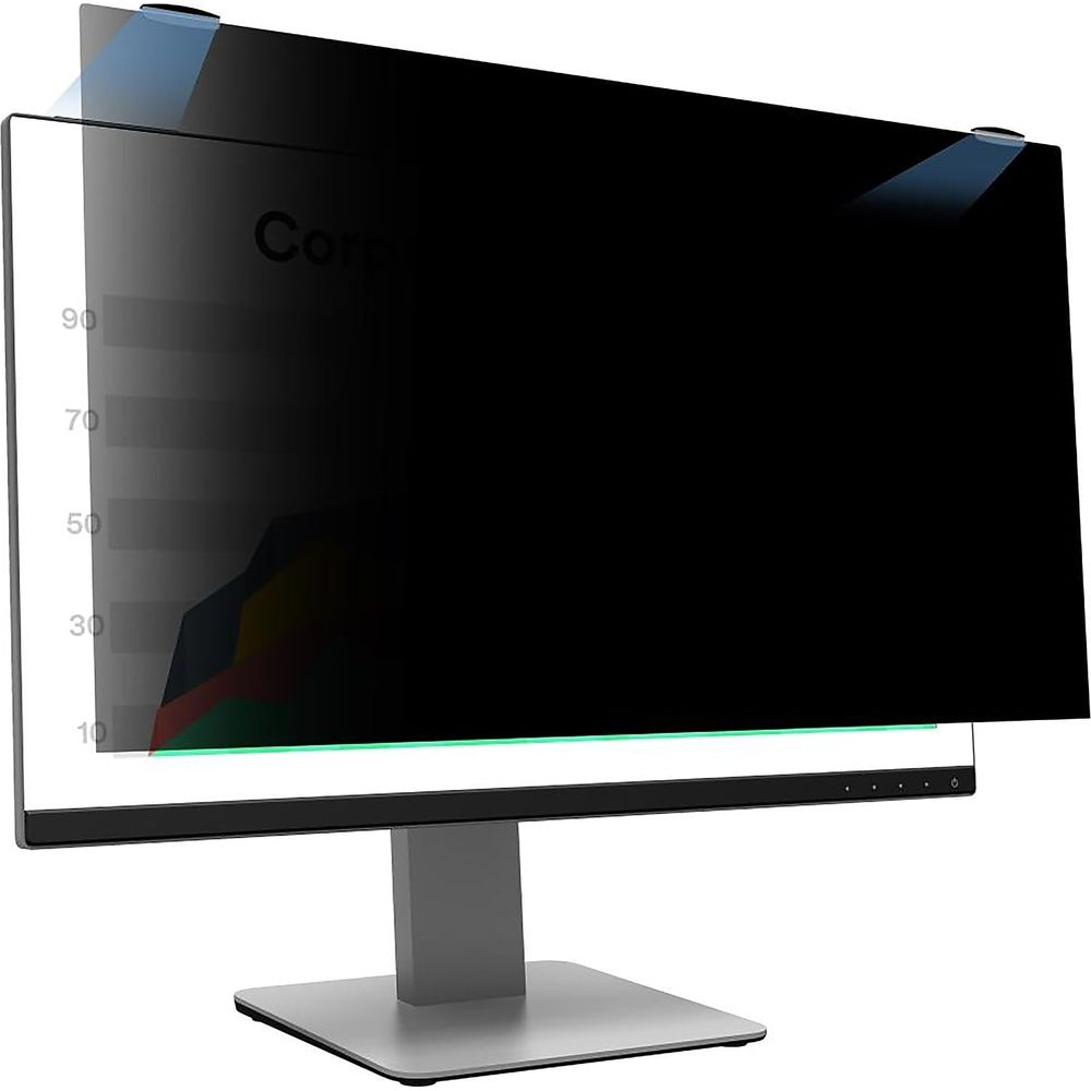 Ein Monitor mit Sichtschutzfilter und Diagramm. Hell beleuchtet.